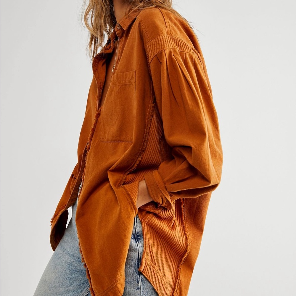 Free People Cool & Clean Solid Button Down Shirt in Native Soil (Rust)